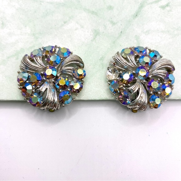 LISNER Aurora Bourealis Clip On Earrings Vintage - Picture 3 of 10
